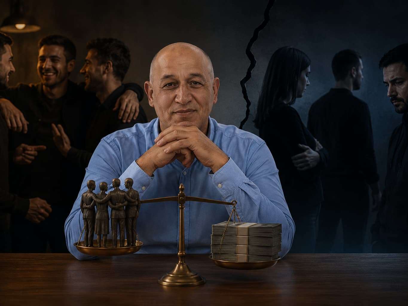 A businessman making a strategic decision regarding money and partnership.