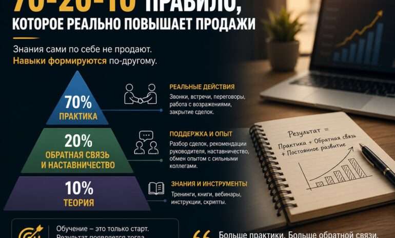 Модель 70-20-10 для развития отдела продаж: практика, наставничество и обучение для роста результатов компании.
