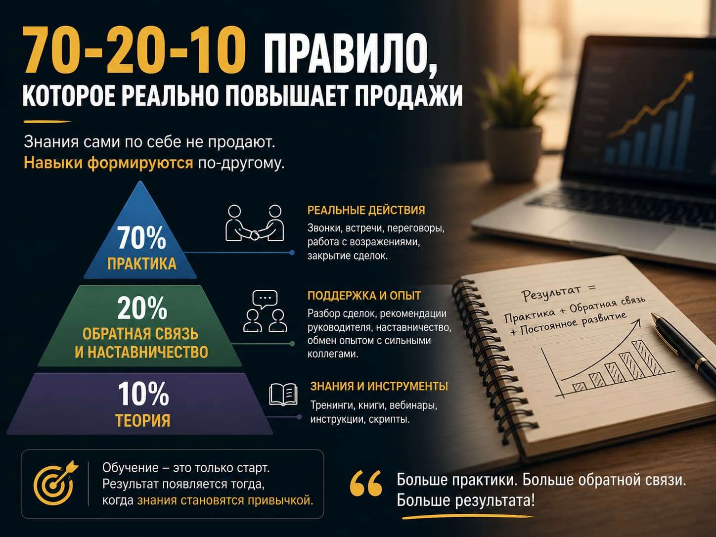 Модель 70-20-10 для развития отдела продаж: практика, наставничество и обучение для роста результатов компании.